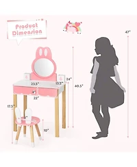 Gouun Kids Rabbit Vanity Table Chair Set with Detachable Mirror and Drawer