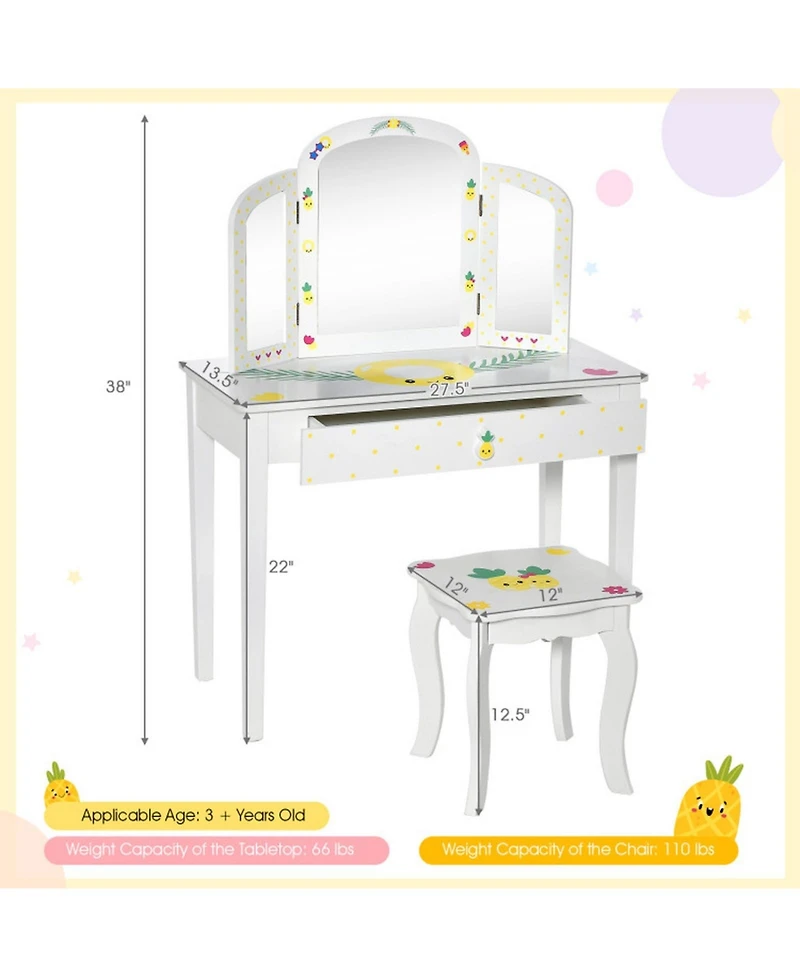 Gouun Kids Vanity Table Set with Tri-Folding Mirror and Pull-Out Drawer