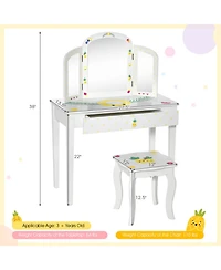 Gouun Kids Vanity Table Set with Tri-Folding Mirror and Pull-Out Drawer