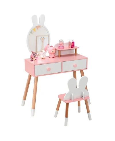 Gouun Kids Vanity Table and Chair Set with Drawer Shelf and Detachable Rabbit Mirror
