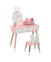 Gouun Kids Vanity Table and Chair Set with Drawer Shelf and Detachable Rabbit Mirror