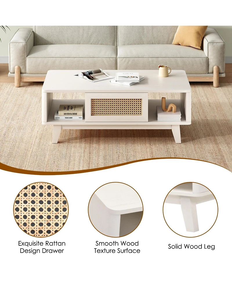 Flynama Mid-Century Square Coffee Table with Rattan Drawer and Solid Wood Legs