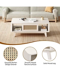 Flynama Mid-Century Square Coffee Table with Rattan Drawer and Solid Wood Legs