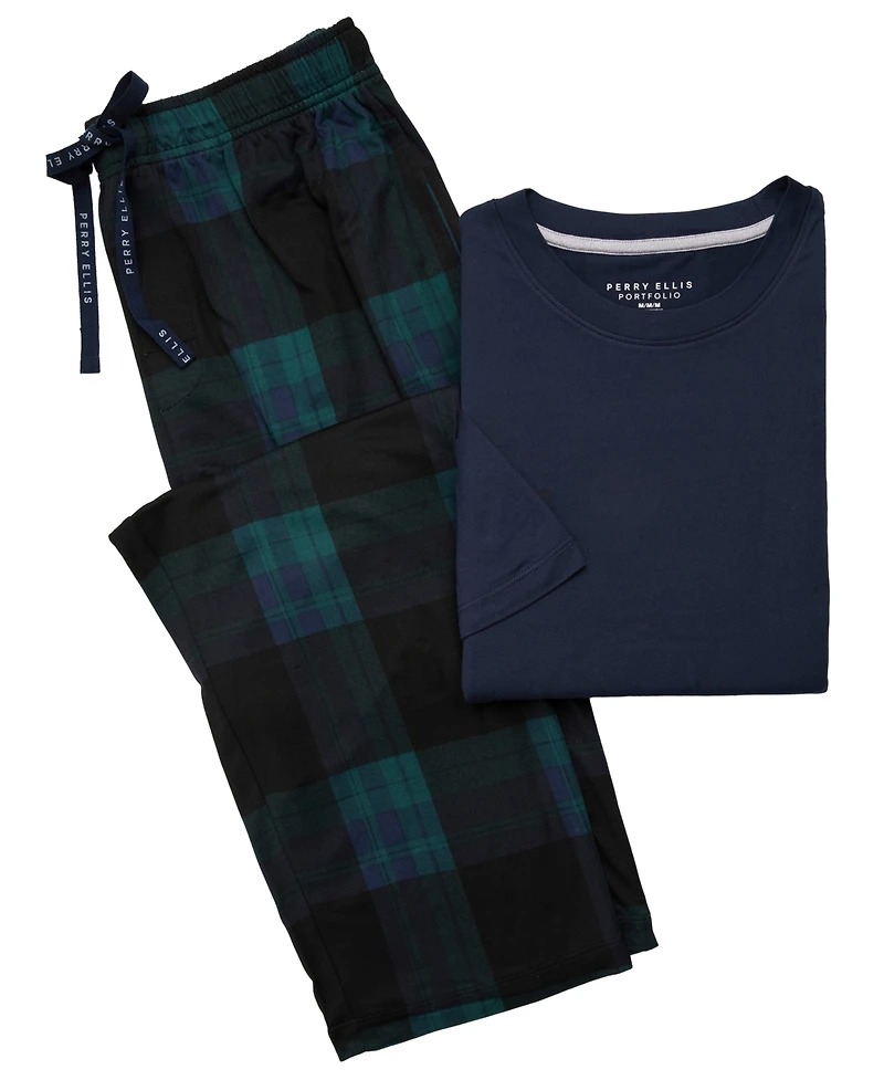 Perry Ellis Portfolio Men's Crewneck Short-Sleeve T-Shirt and Plaid Pants, 2-Piece Set
