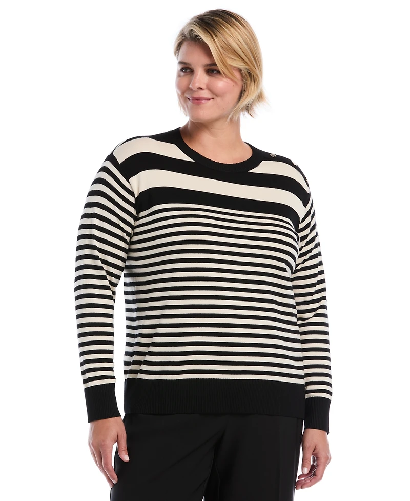 Rafaella Plus Striped Crewneck Ribbed Trim Pullover Sweater