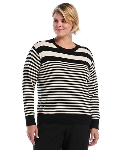 Rafaella Plus Striped Crewneck Ribbed Trim Pullover Sweater