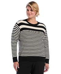 Rafaella Plus Striped Crewneck Ribbed Trim Pullover Sweater