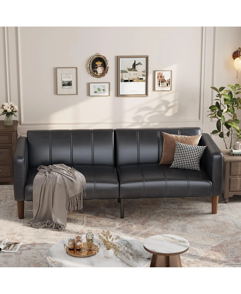 homfan 3-Mode Convertible Faux Leather Loveseat, Adjustable Backrest Futon Sofa Bed with Side Pockets, Mid-Century Furniture for Small Indoor Spaces