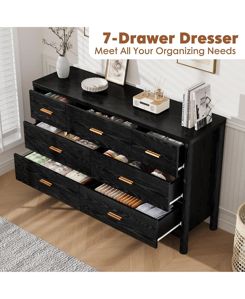 homfan 7 Drawer Dresser, 53.15" Wide Farmhouse Chest with Cylindrical Legs, Quiet Ball-Bearing Slides, Anti-Tip, Storage Organizer for Living Room