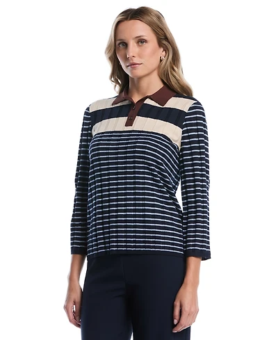 Rafaella Petite Striped Polo 3/4-Sleeve Sweater