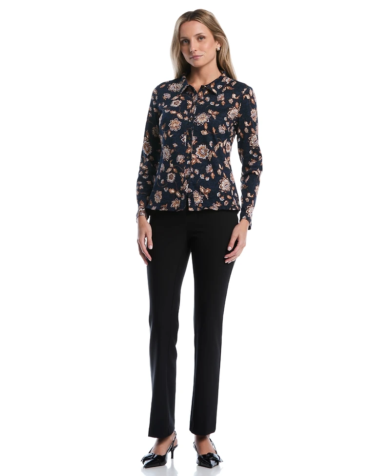 Rafaella Petite Floral Ruffle-Trim Long-Sleeve Blouse