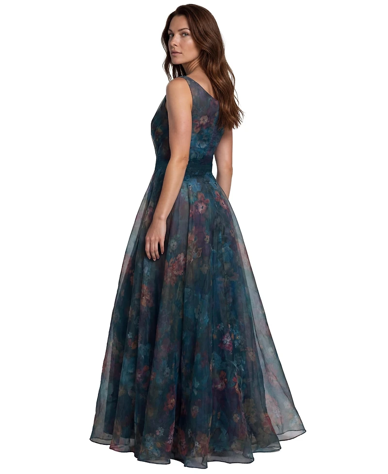 Rene Ruiz Occasion Women's V-neck Floral Printed Organza Waist Tie A-Line Gown