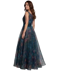Rene Ruiz Occasion Women's V-neck Floral Printed Organza Waist Tie A-Line Gown