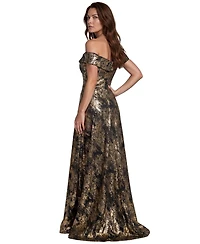 Rene Ruiz Occasion Women's Off The Shoulder Metallic Jacquard Draped Column Gown