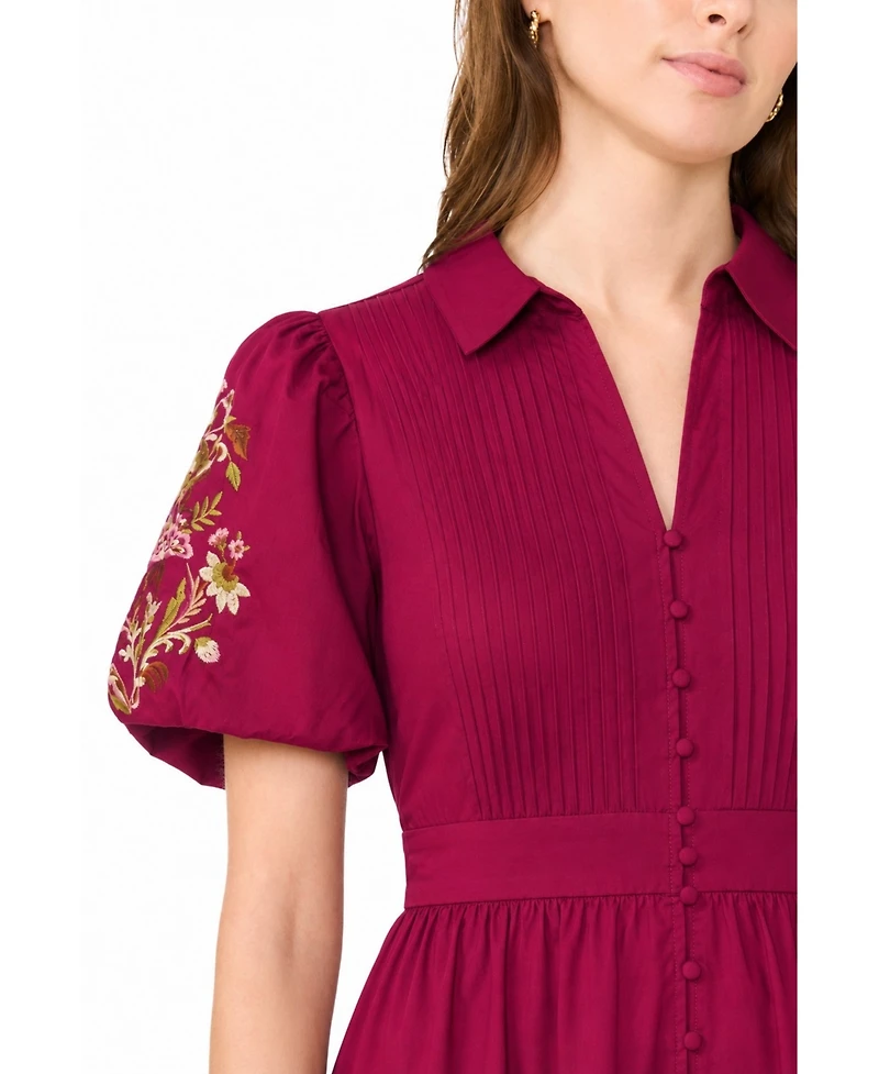 CeCe Women's Embroidered-Pintuck Puff-Sleeve Mini Dress
