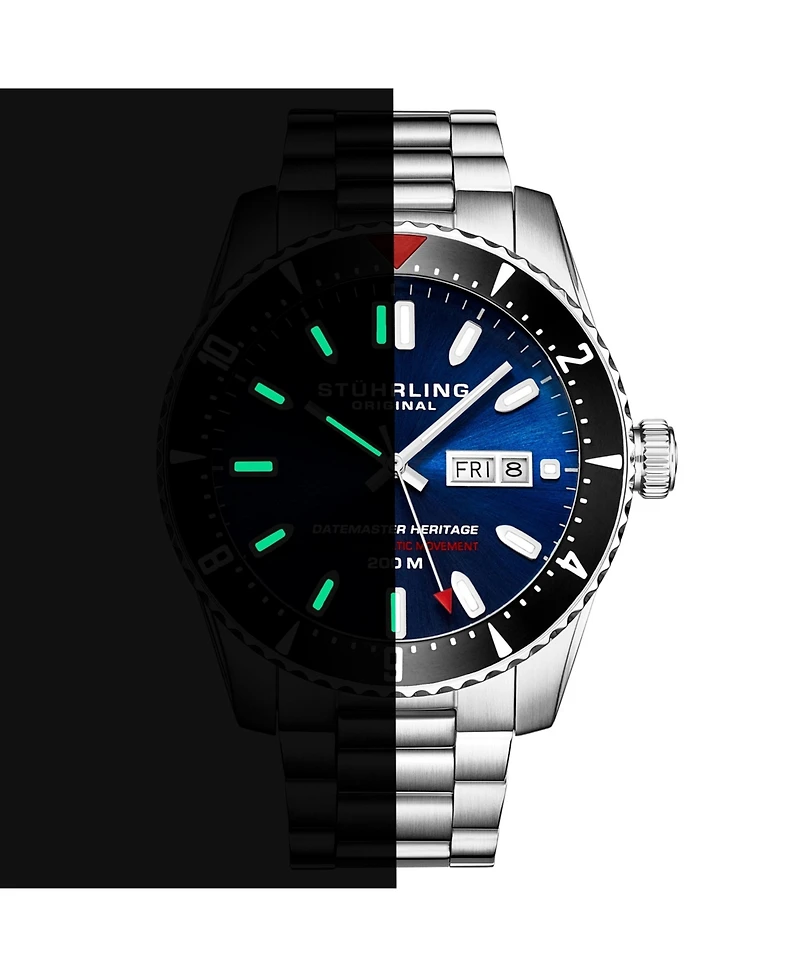 Stuhrling Men s Aquadiver 44mm Swiss Automatic Diver Watch, Blue Dial, Stainless Steel Bracelet, Day-Date, 200M Water Resistant