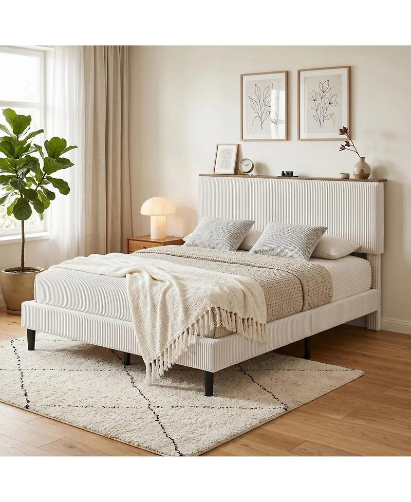 homfan Bed Frame Headboard, Upholstered Platform Bed Frame, Corduroy Storage Headboard, Charging Station, Led Lights, Noise Free