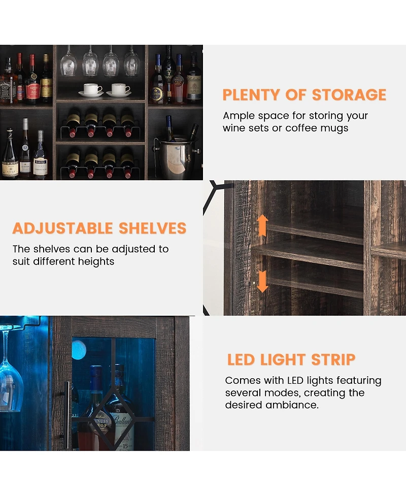 homfan Farmhouse Wine Bar Cabinet with Led Light, Wood Storage Cabinet with Glass Doors, Adjustable Shelves, Wine and Coffee Station for Home Bar