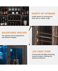 homfan Farmhouse Wine Bar Cabinet with Led Light, Wood Storage Cabinet with Glass Doors, Adjustable Shelves, Wine and Coffee Station for Home Bar