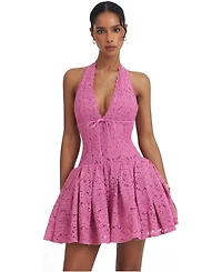Miss Circle Women's Karla Magenta Lace Drop Waist Halter Mini Dress