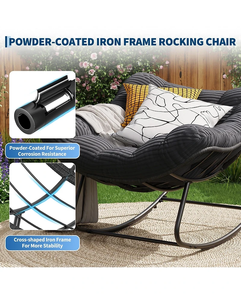 homfan Outdoor Rocking Papasan Chair with Cushion, Metal and Pe Rattan Frame, 400LBS Capacity, Ideal for Patio, Garden, Living Room