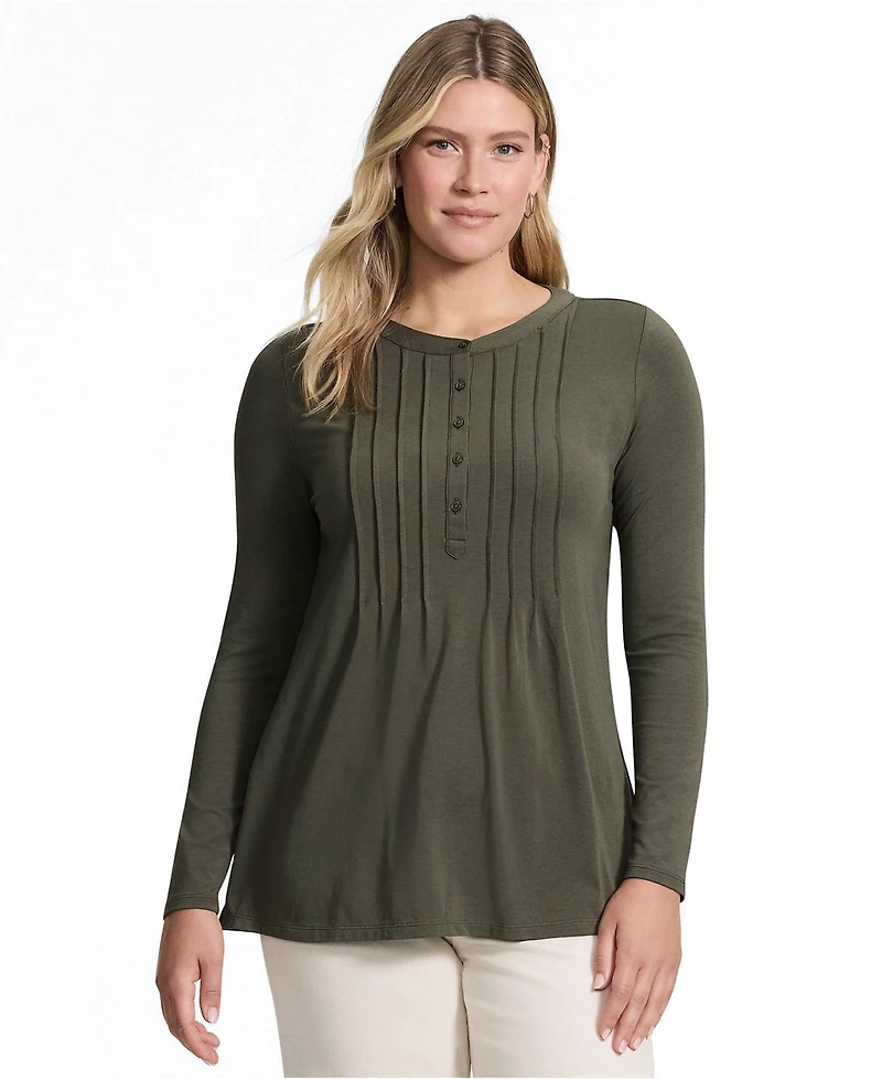 Lands' End Women's Long Sleeve Lightweight Jersey Pintuck Button Tunic Blouse