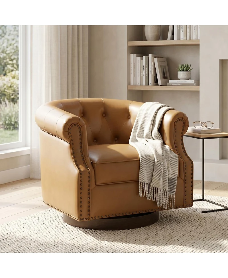 Streamdale Furniture 360 Swivel Pu Leather Accent Chair with Tufted Curved Back