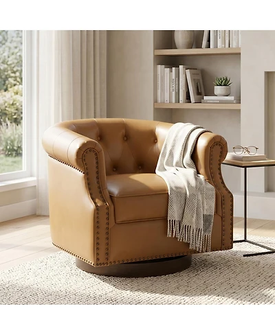 Streamdale Furniture 360 Swivel Pu Leather Accent Chair with Tufted Curved Back