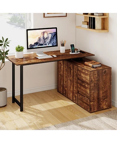 Costway 54.5" L-Shaped Computer Desk with File Cabinet, 3 Drawers and Charging Station