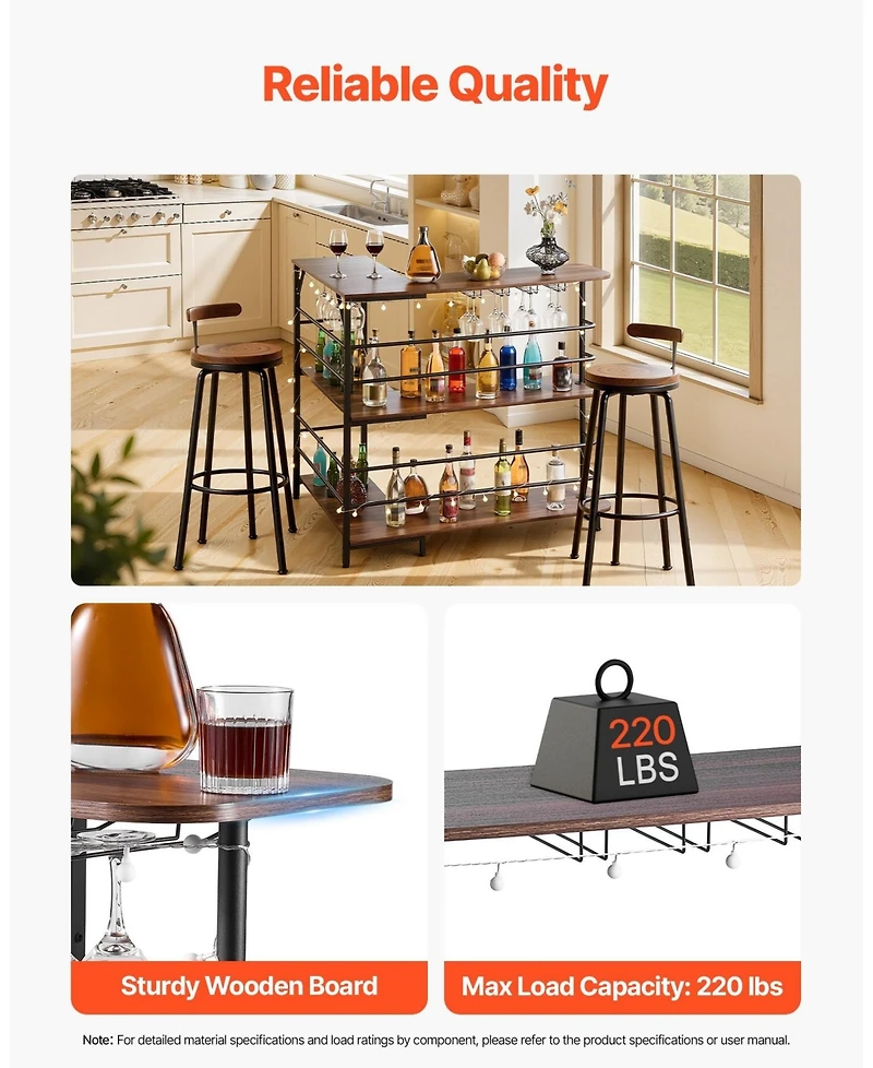 Sugift L-Shaped 3-Tier Home Bar Cabinet Table with Storage Shelves Adjustable Foot Pads and Led Light