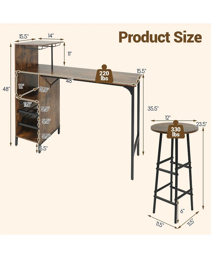 Costway 3 Piece Bar Table and Chairs Set Industrial Pub Stools with Bottle Wine Rack