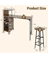 Costway 3 Piece Bar Table and Chairs Set Industrial Pub Stools with Bottle Wine Rack