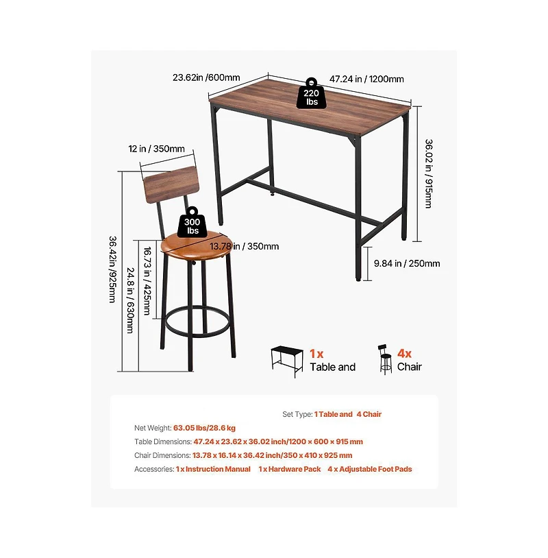Slickblue 47 Inch Bar Height Table Set with 4 Stools for Kitchen and Dining