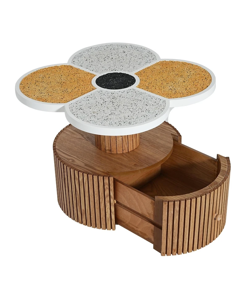 Flynama Four-Leaf Clover Side Table with Drawer, Stone Texture Top Wood-Grain Base Accent Table