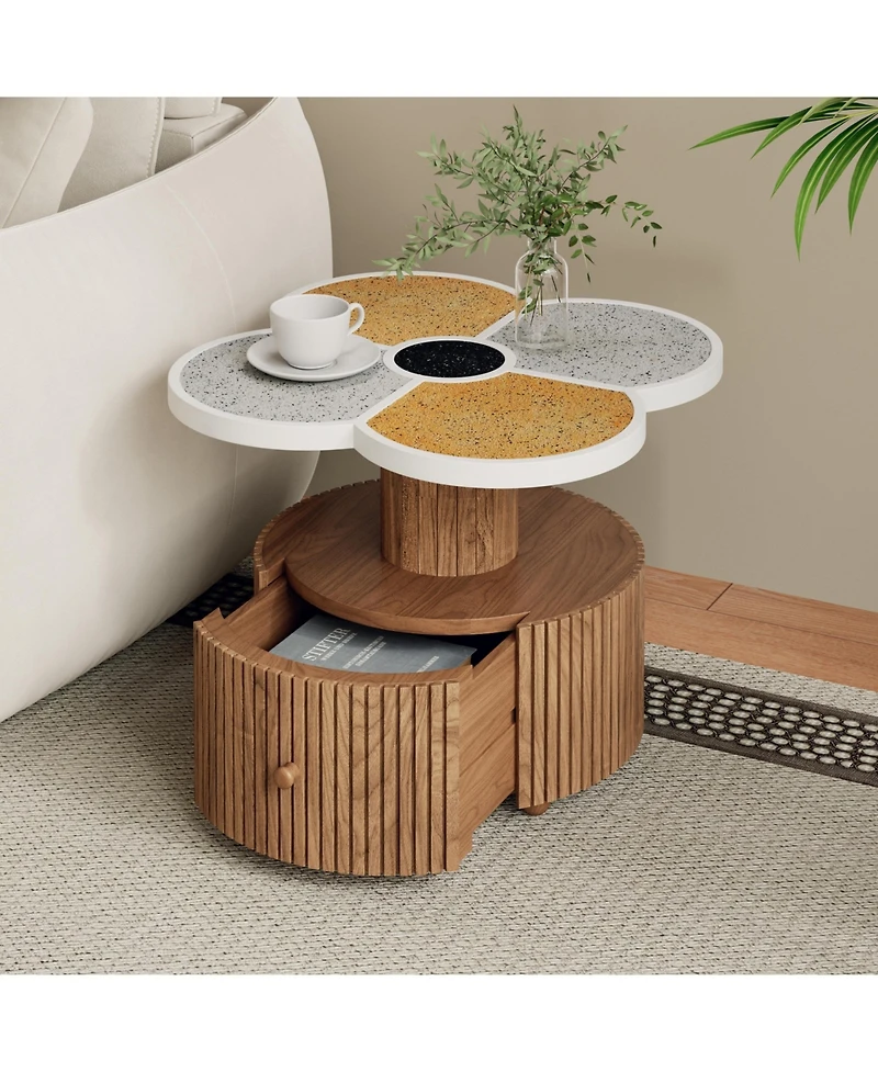 Flynama Four-Leaf Clover Side Table with Drawer, Stone Texture Top Wood-Grain Base Accent Table