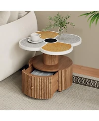 Flynama Four-Leaf Clover Side Table with Drawer, Stone Texture Top Wood-Grain Base Accent Table