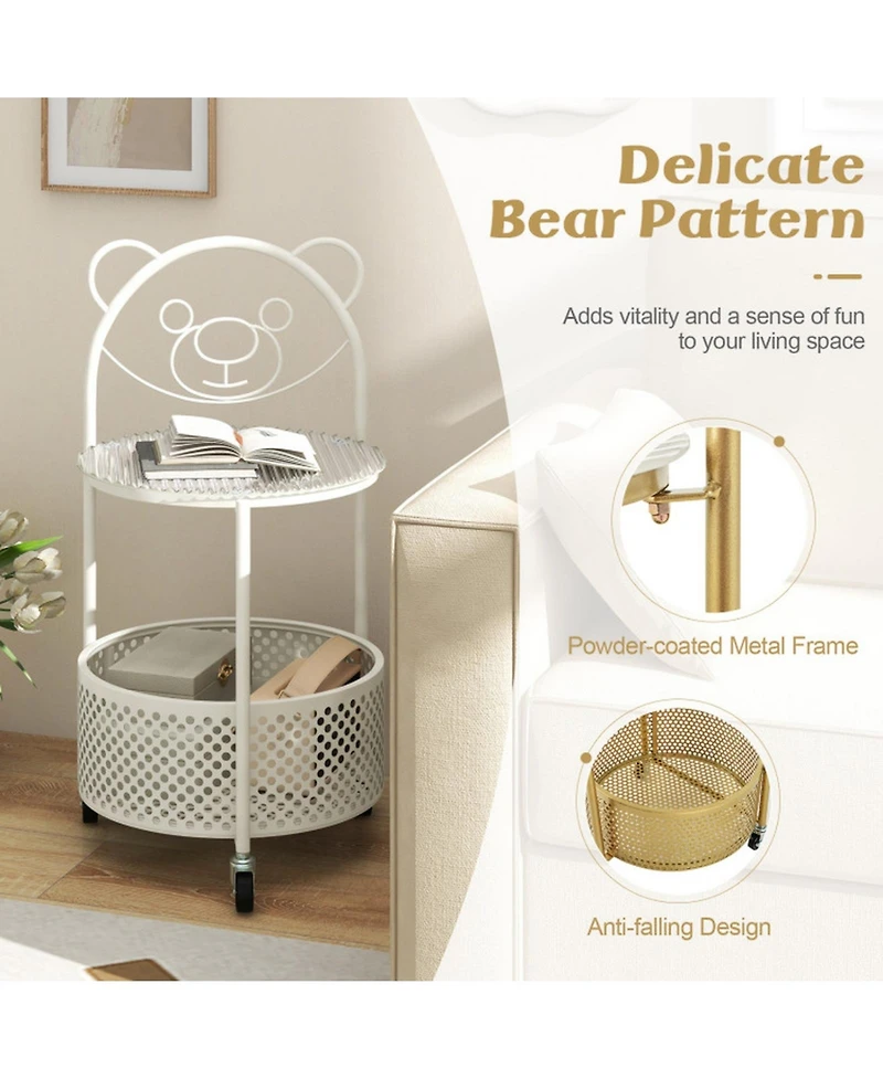 Gouun Modern Glass Sofa Side Table on Lockable Wheels with Storage Basket