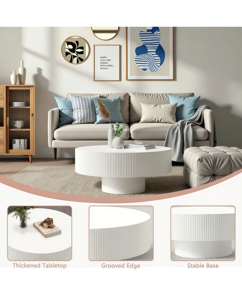 Flynama Round Fluted Pedestal Coffee Table, Mid-Century Modern