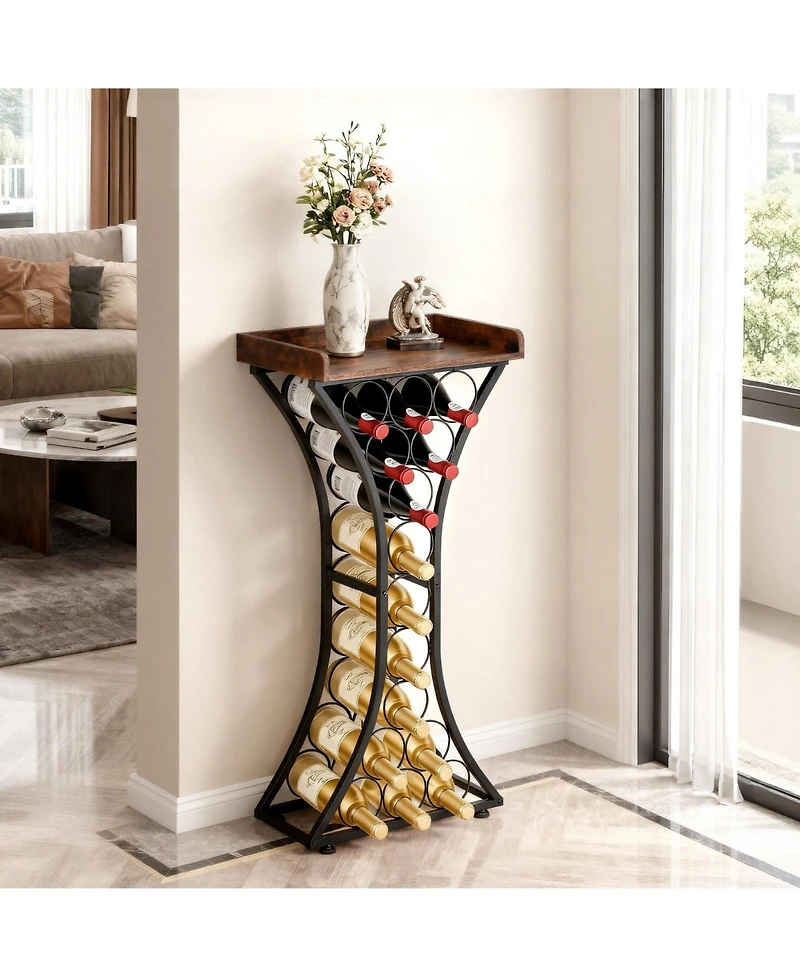 Slickblue Wine Bottle Storage Rack with Wood Tabletop, Freestanding 15 Bottle Holder for Living Room and Bar