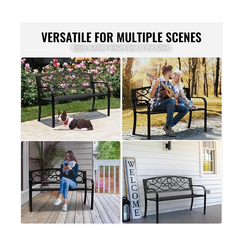 Slickblue 50in Outdoor Metal Bench with Armrests for Garden Yard and Park