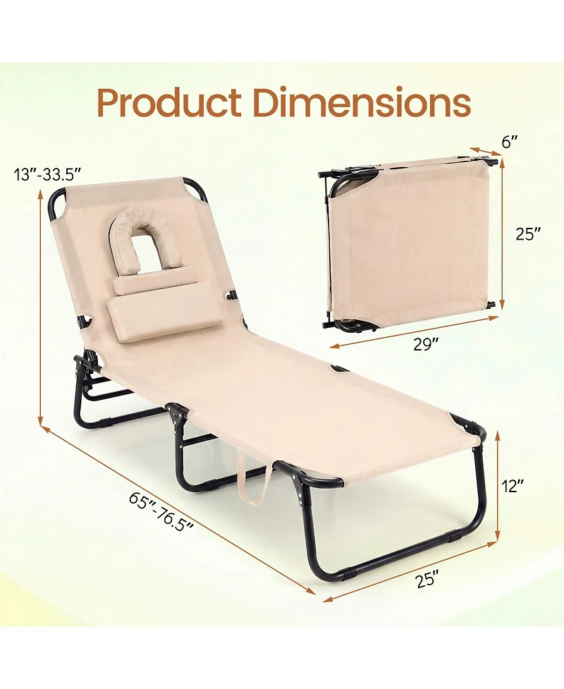 Costway Beach Chaise Lounge Chair with 4-Position Adjustable Backrest and Face Hole Pillows
