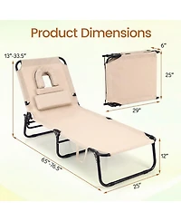 Costway Beach Chaise Lounge Chair with 4-Position Adjustable Backrest and Face Hole Pillows
