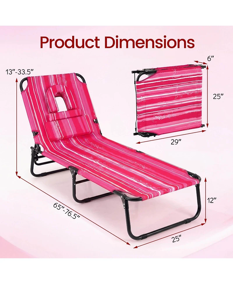 Costway Beach Chaise Lounge Chair with 4-Position Adjustable Backrest and Face Hole Pillows