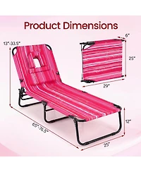 Costway Beach Chaise Lounge Chair with 4-Position Adjustable Backrest and Face Hole Pillows