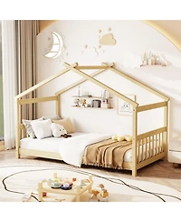 Sugift Twin Size Wooden House Bed with Roof