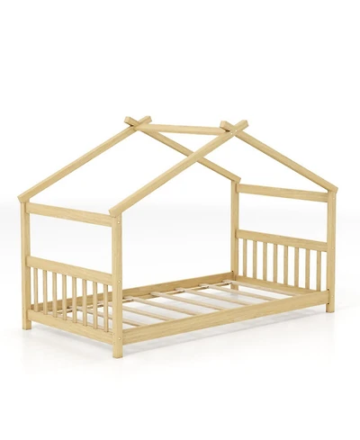 Sugift Twin Size Wooden House Bed with Roof