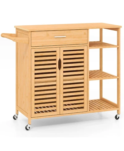 Sugift Kitchen Island Cart on Wheels with Bamboo Frame Drawer Cabinet and 3 Shelves