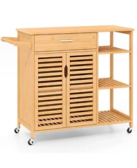 Sugift Kitchen Island Cart on Wheels with Bamboo Frame Drawer Cabinet and 3 Shelves