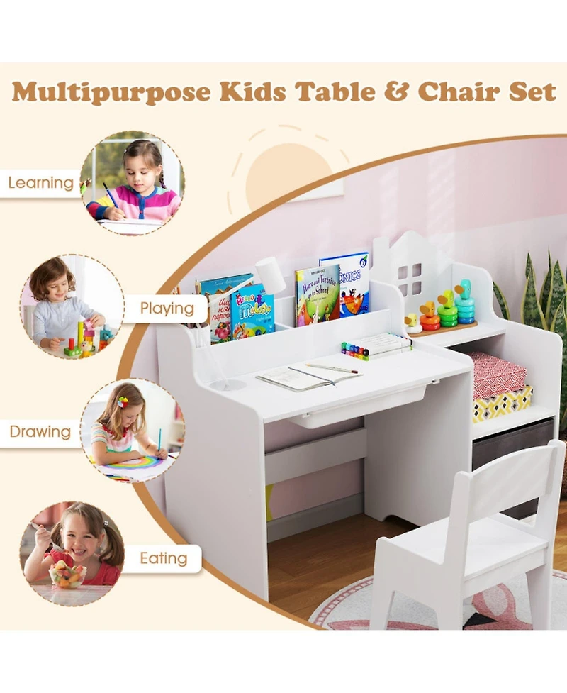 Sugift Kids House-Shaped Study Desk and Chair Set with Storage Shelves and Fabric Bin