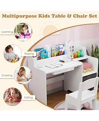 Sugift Kids House-Shaped Study Desk and Chair Set with Storage Shelves and Fabric Bin